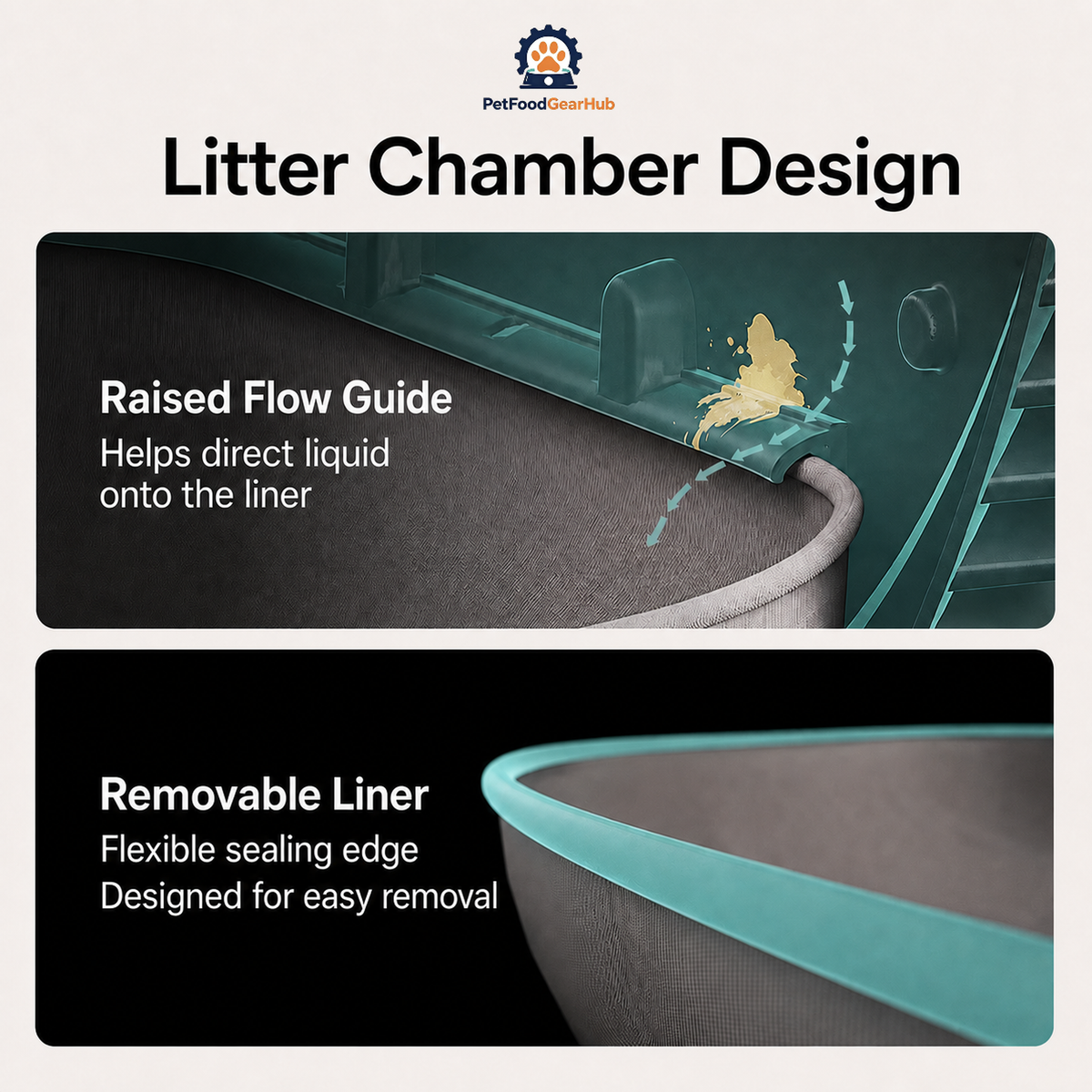 Two-panel litter chamber diagram showing the raised flow guide, removable liner, and flexible sealing edge.