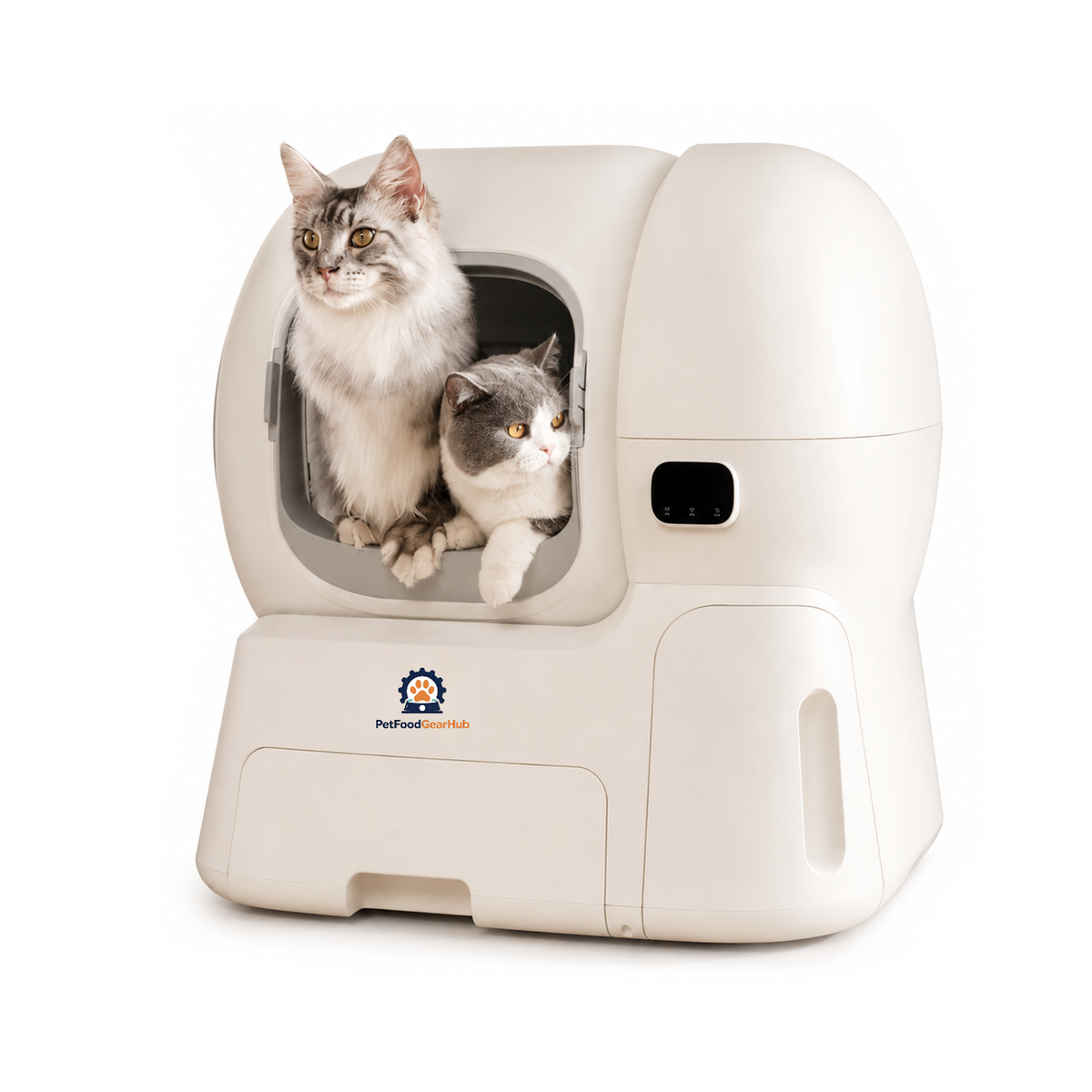 PetFoodGearHub enclosed automatic litter box with a rectangular entrance, side refill hopper, waste drawer, and two cats.
