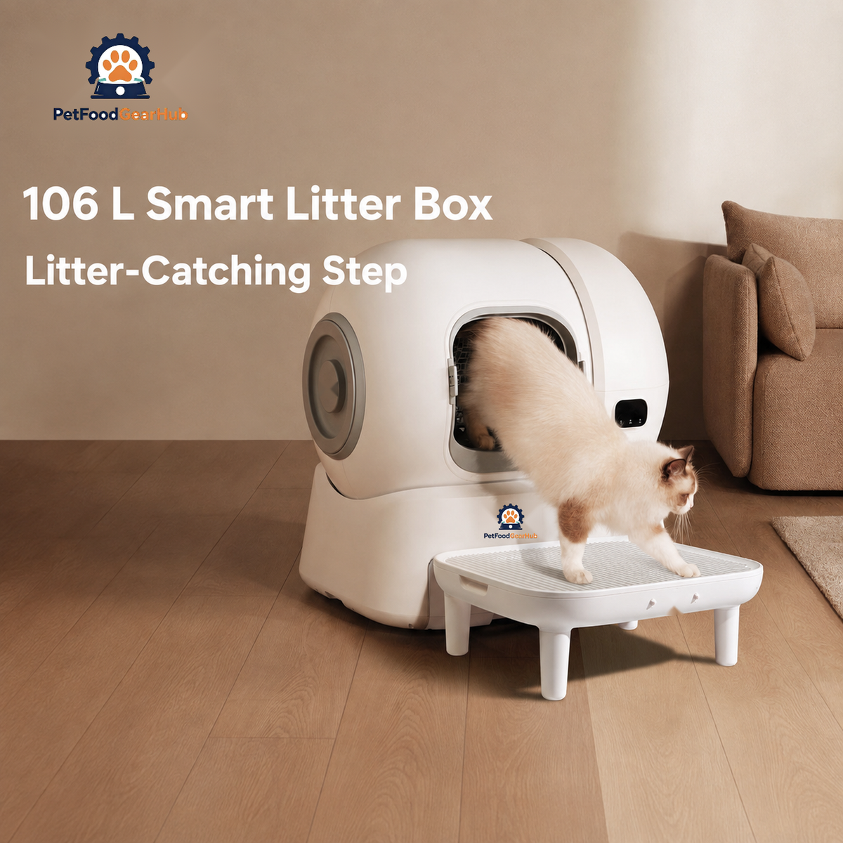 106 L smart litter box with a cat stepping onto the white litter-catching step beside a sofa in a living room.