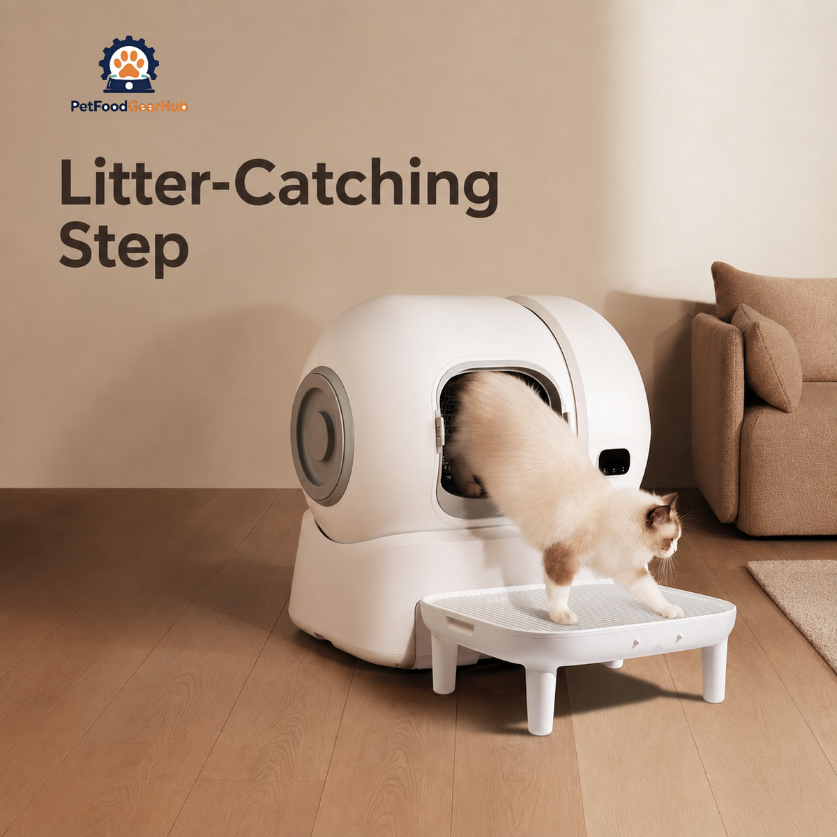 A cat leaving the enclosed automatic litter box onto its raised white litter-catching step in a warm living room.