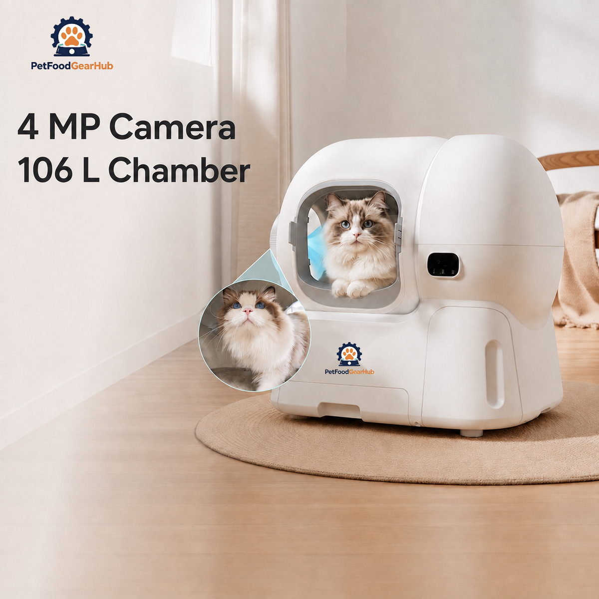 106 L automatic litter box with a cat in the entrance and a circular inset illustrating the 4 MP camera view.