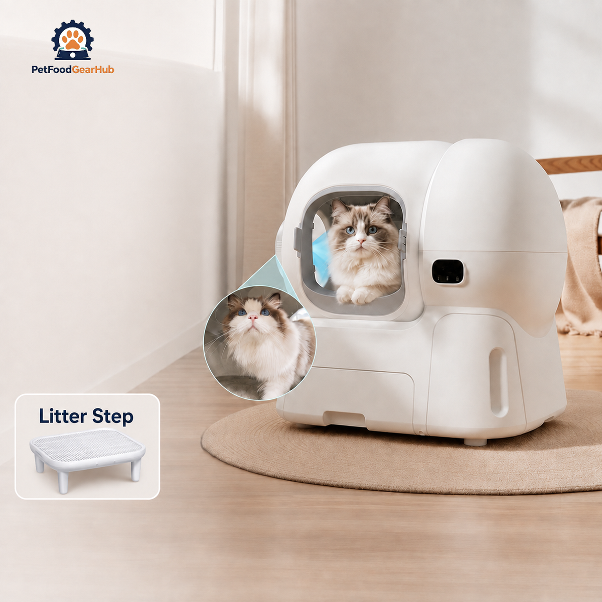 Enclosed litter box with a cat, an enlarged camera-view inset, and a separate small illustration of the litter step.