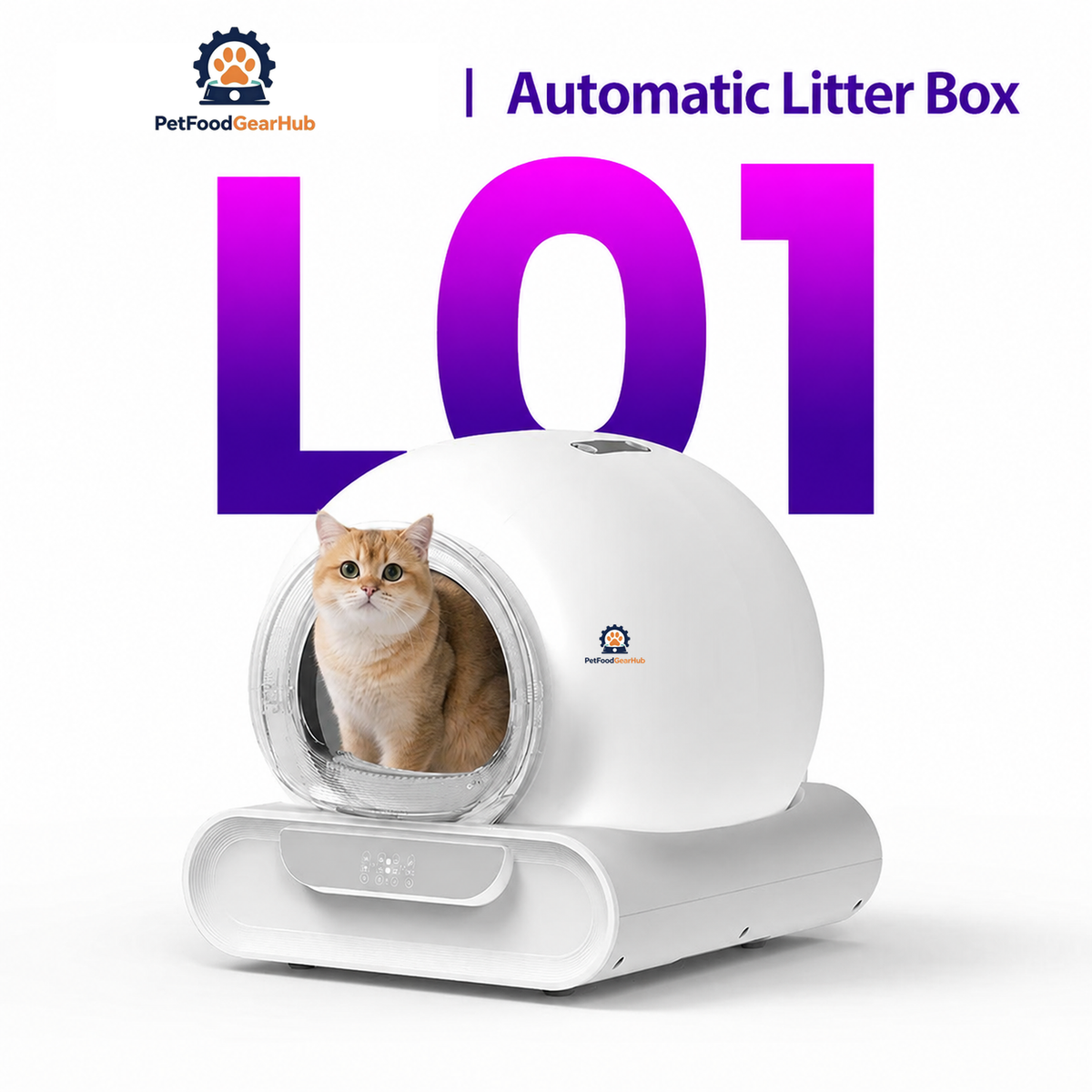 PetFoodGearHub L01 automatic litter box and cat in a product-feature illustration