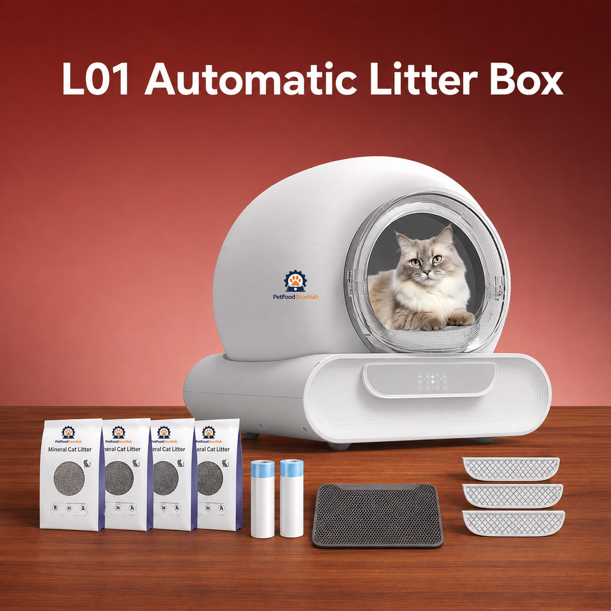 PetFoodGearHub L01 automatic litter box pictured with mineral litter and accessories