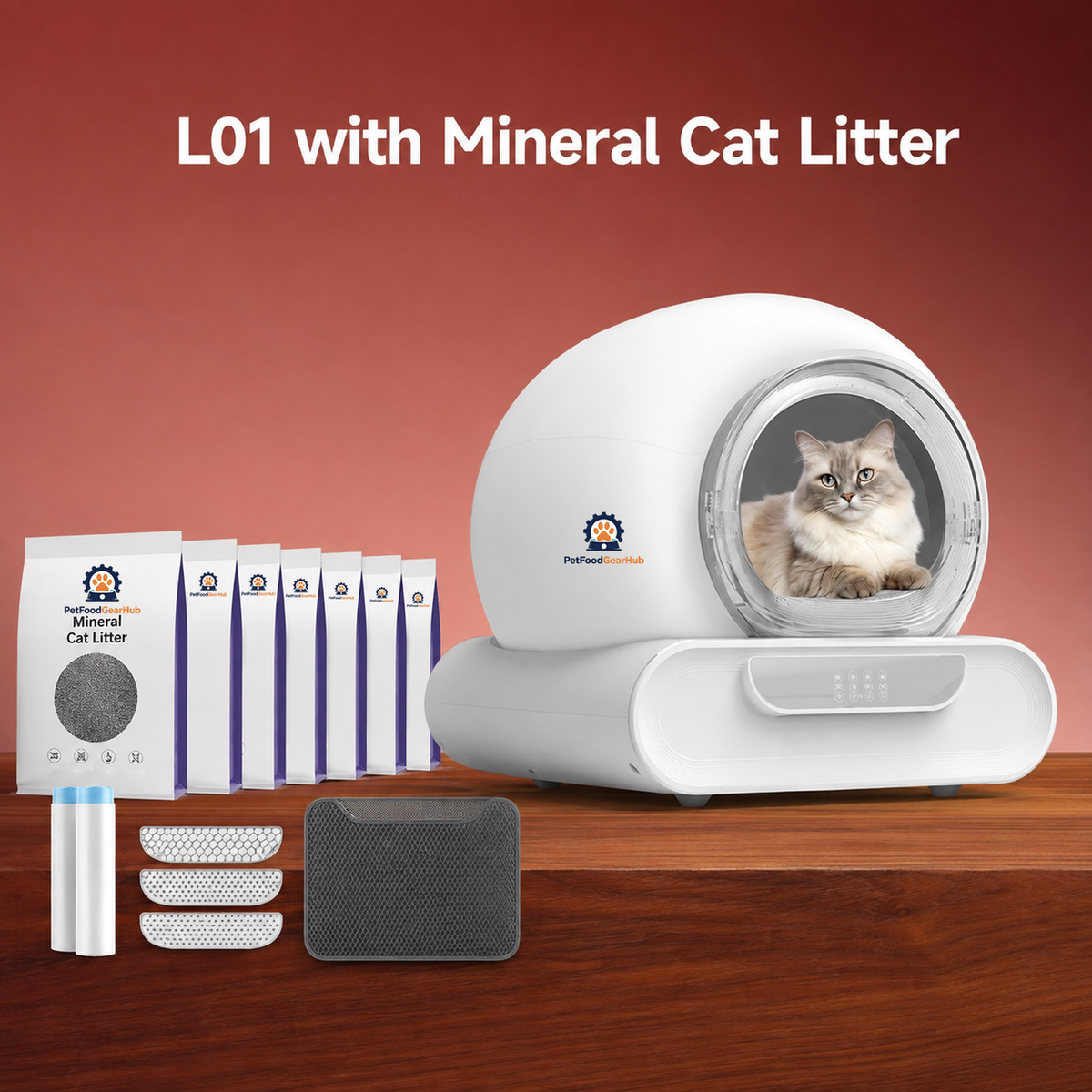 PetFoodGearHub L01 automatic litter box pictured with a larger mineral-litter bundle