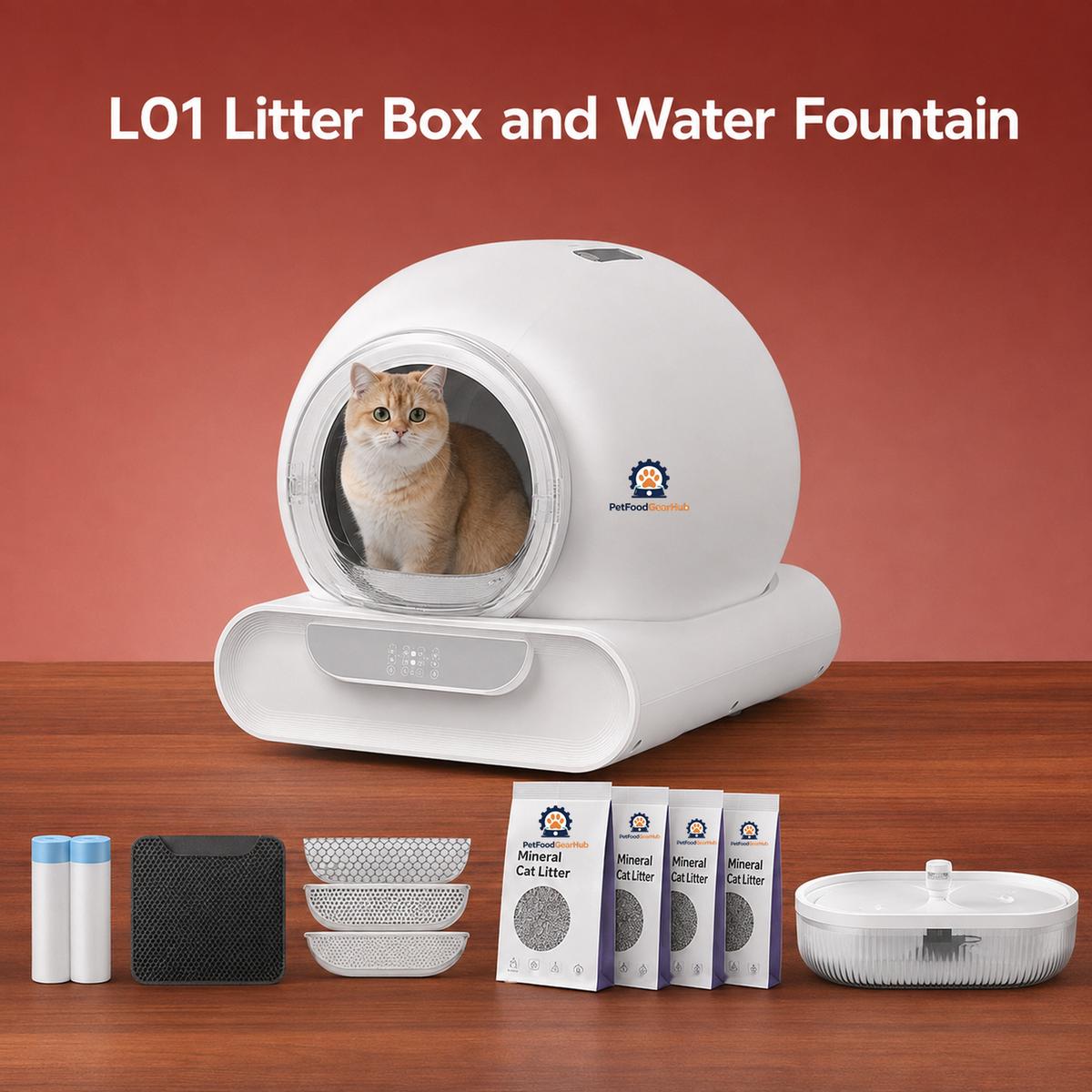 PetFoodGearHub L01 automatic litter box with mineral litter and an automatic water fountain