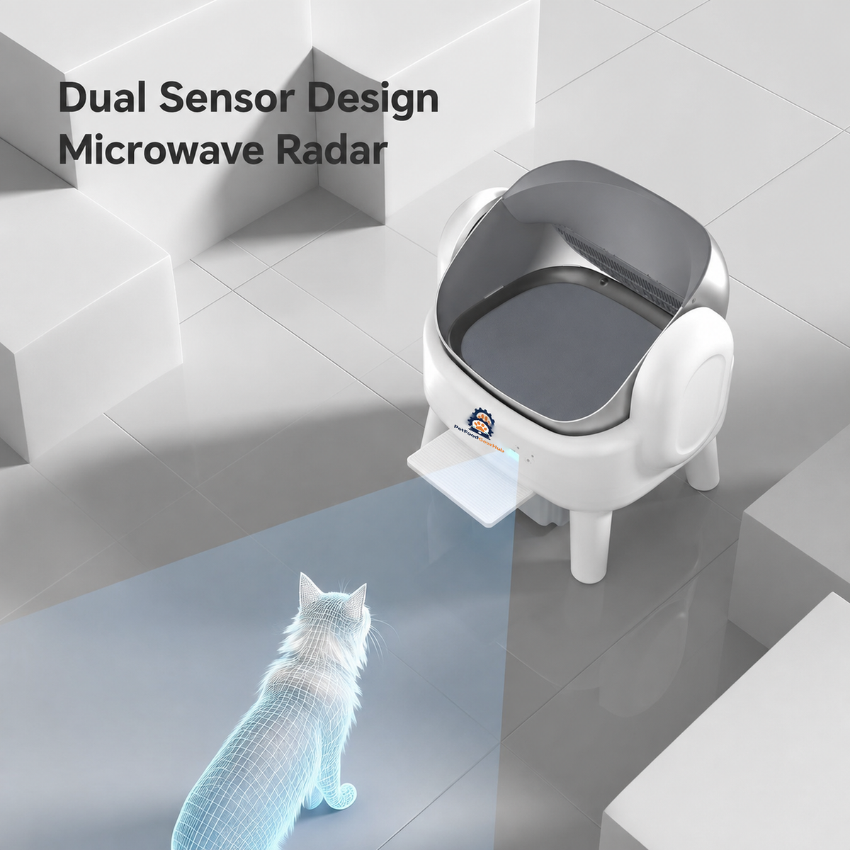 K88 Pro microwave radar diagram showing the sensor field extending from the automatic litter box toward a cat.