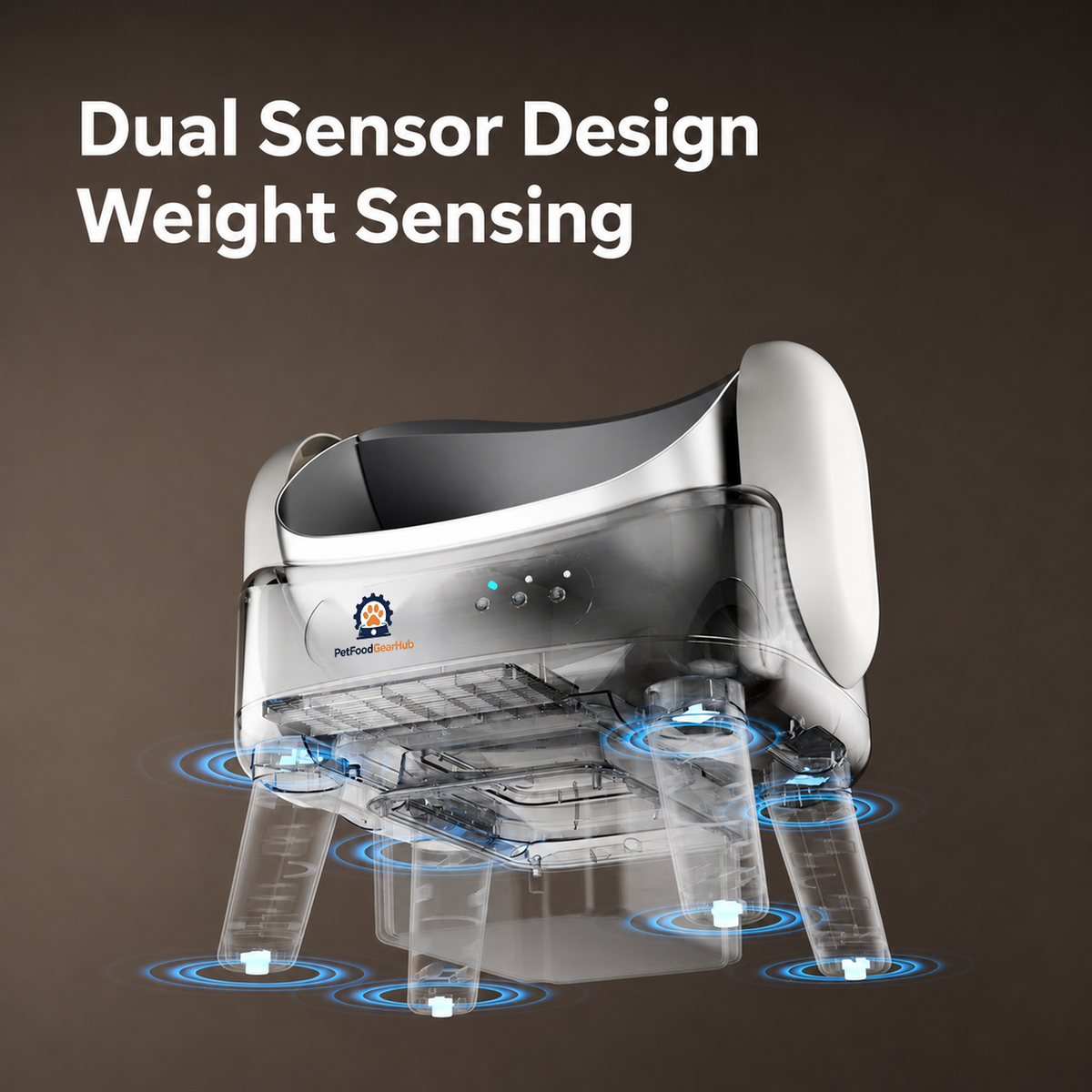 K88 Pro cutaway diagram showing weight sensors beneath the litter box, with blue rings marking the sensing points.