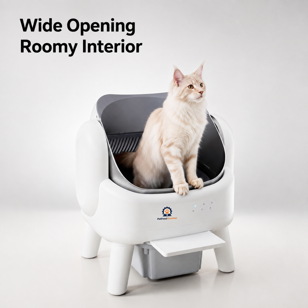 K88 Pro automatic litter box with a cream cat inside, illustrating the wide opening, roomy drum, and front entry step.