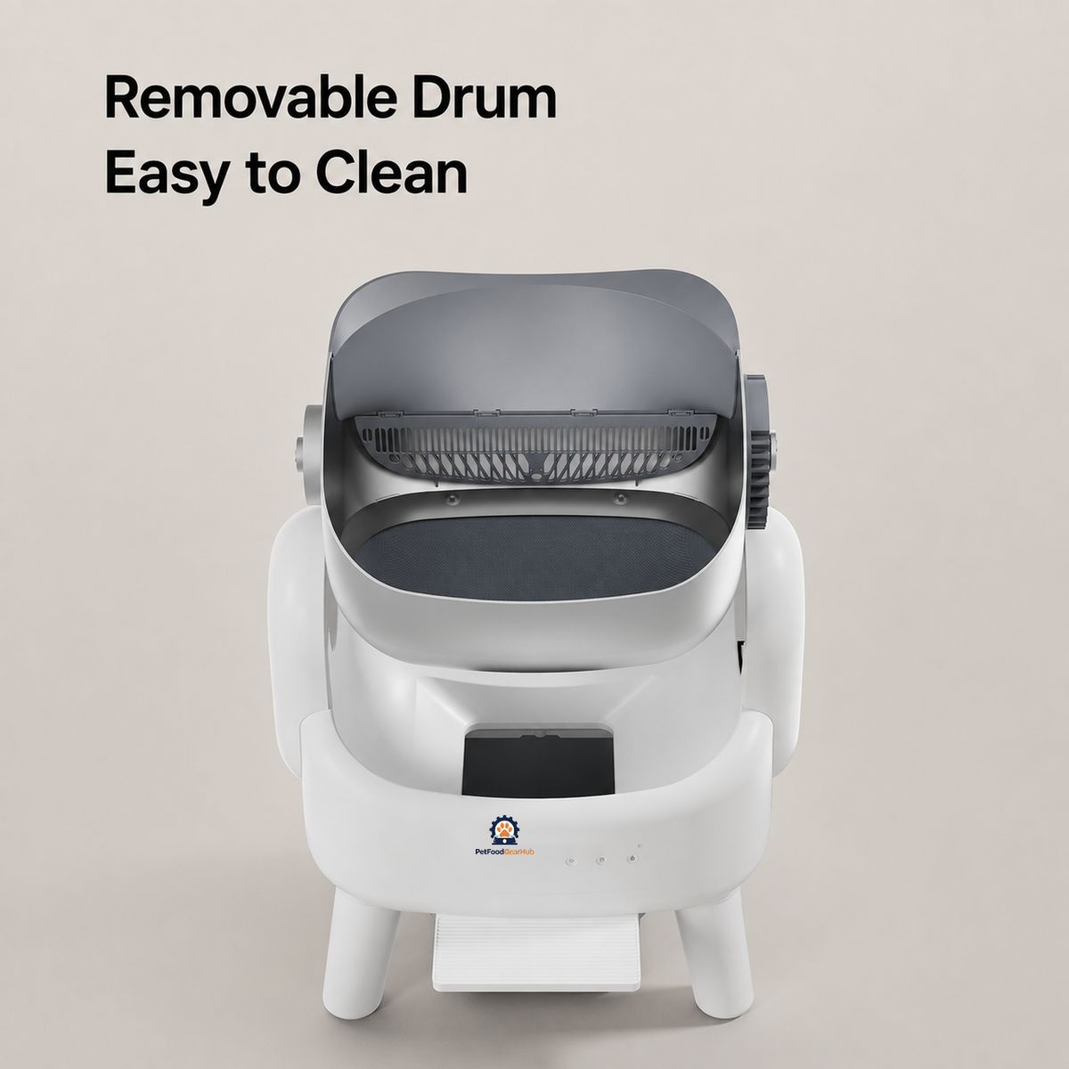 K88 Pro disassembly view showing the removable gray litter drum, sieve, and open base for cleaning.