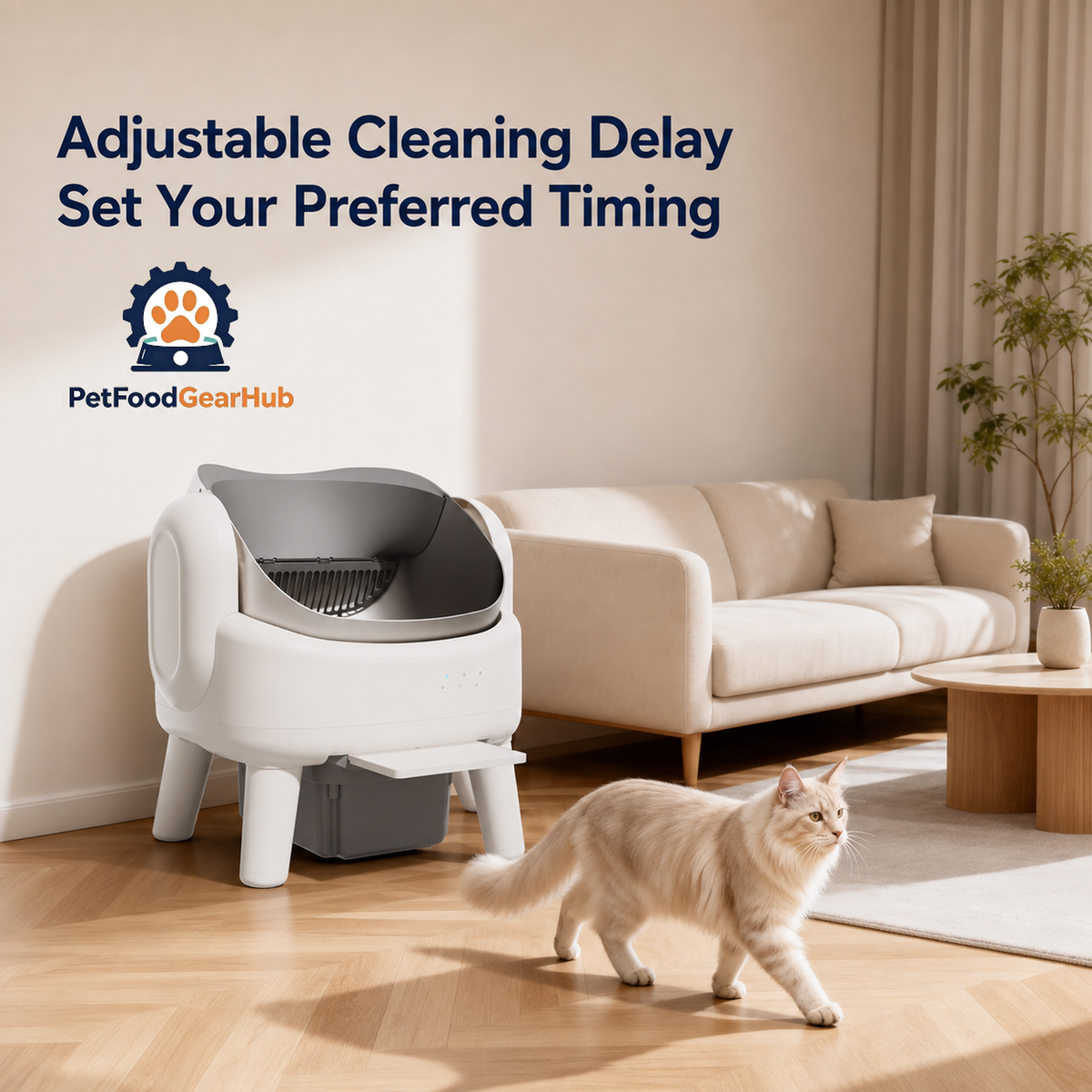 K88 Pro automatic litter box beside a sofa, with a walking cream cat and an adjustable cleaning-delay feature caption.