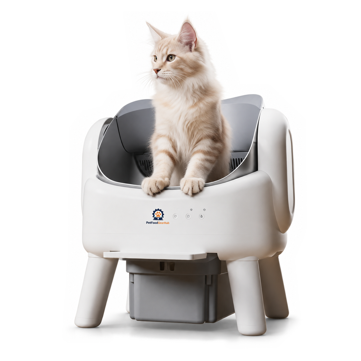 PetFoodGearHub K88 Pro automatic litter box with an open gray drum, lower waste drawer, and cream cat on a white background.