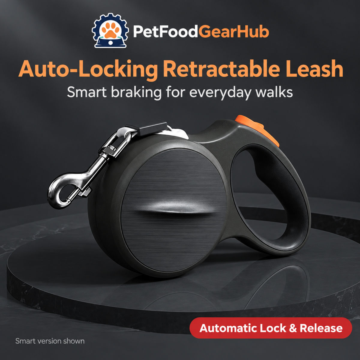 PetFoodGearHub black smart retractable leash with automatic lock and release