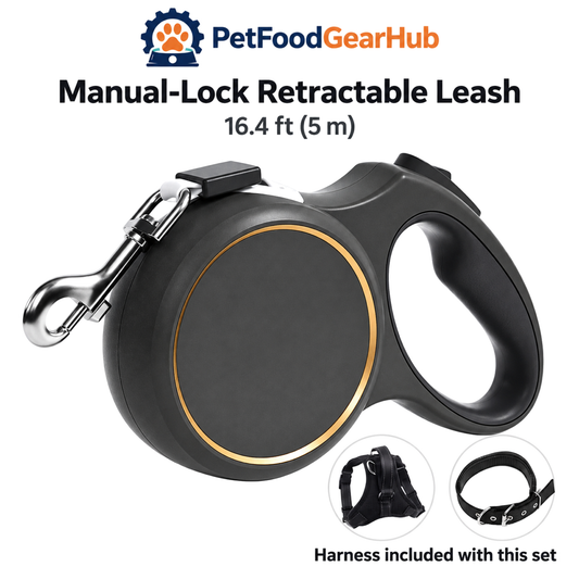 PetFoodGearHub black manual-lock retractable leash, 16.4 ft, harness set