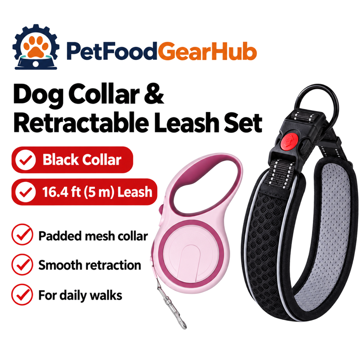 PetFoodGearHub black padded dog collar with 16.4 ft retractable leash