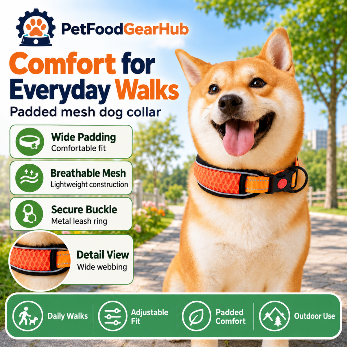 PetFoodGearHub orange padded mesh dog collar worn by a dog outdoors