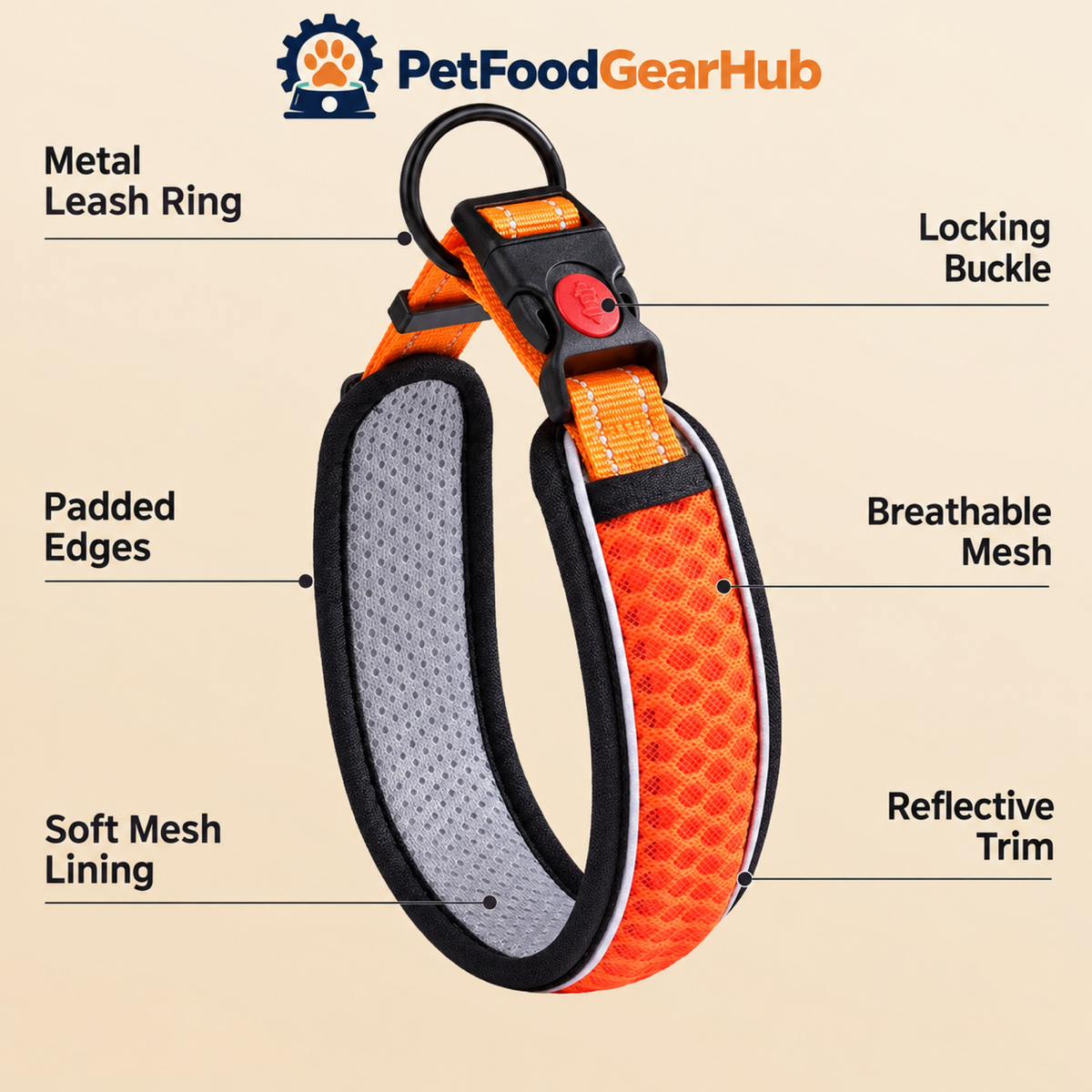 PetFoodGearHub orange mesh dog collar buckle, leash ring, padding and reflective trim details