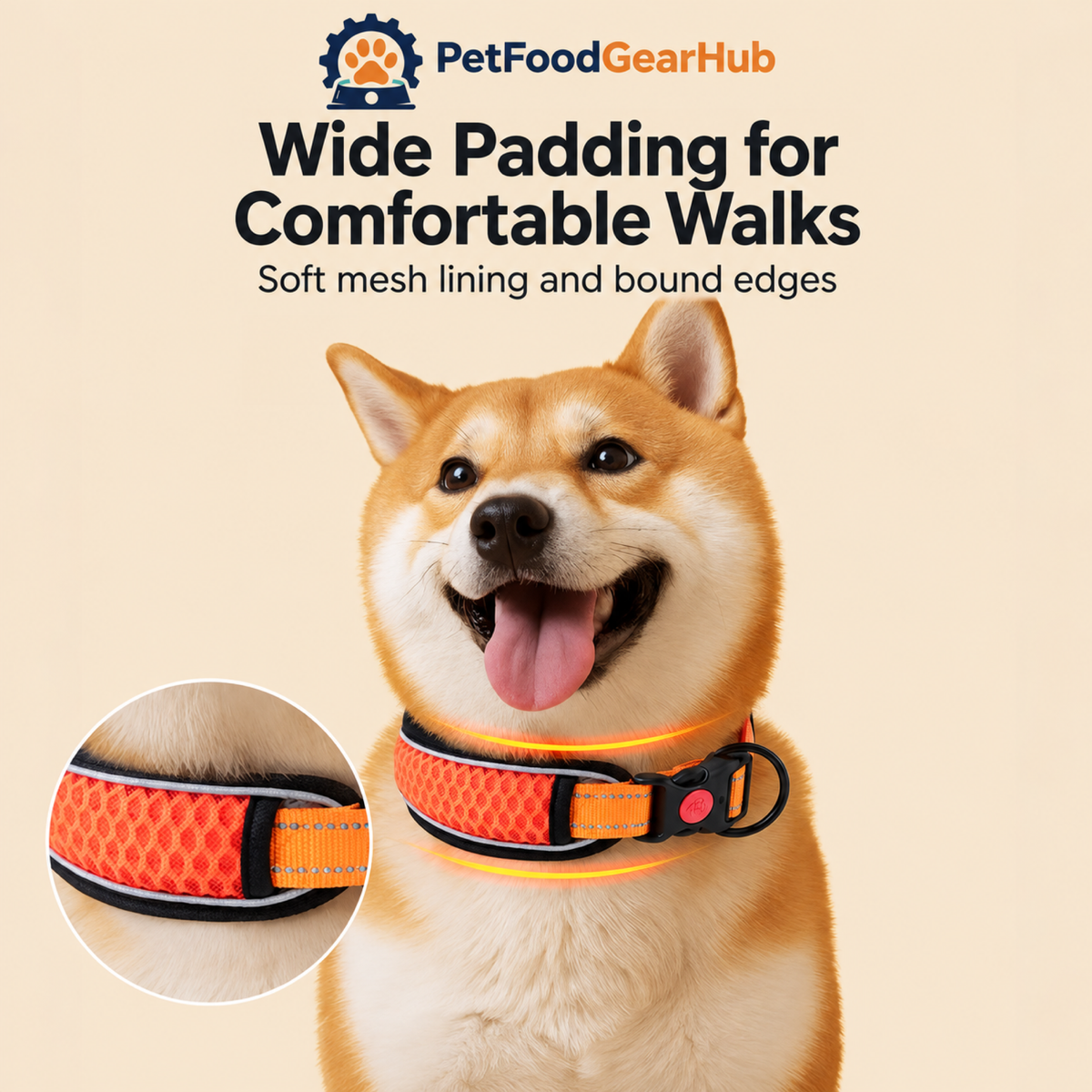 PetFoodGearHub wide padded orange dog collar with mesh lining