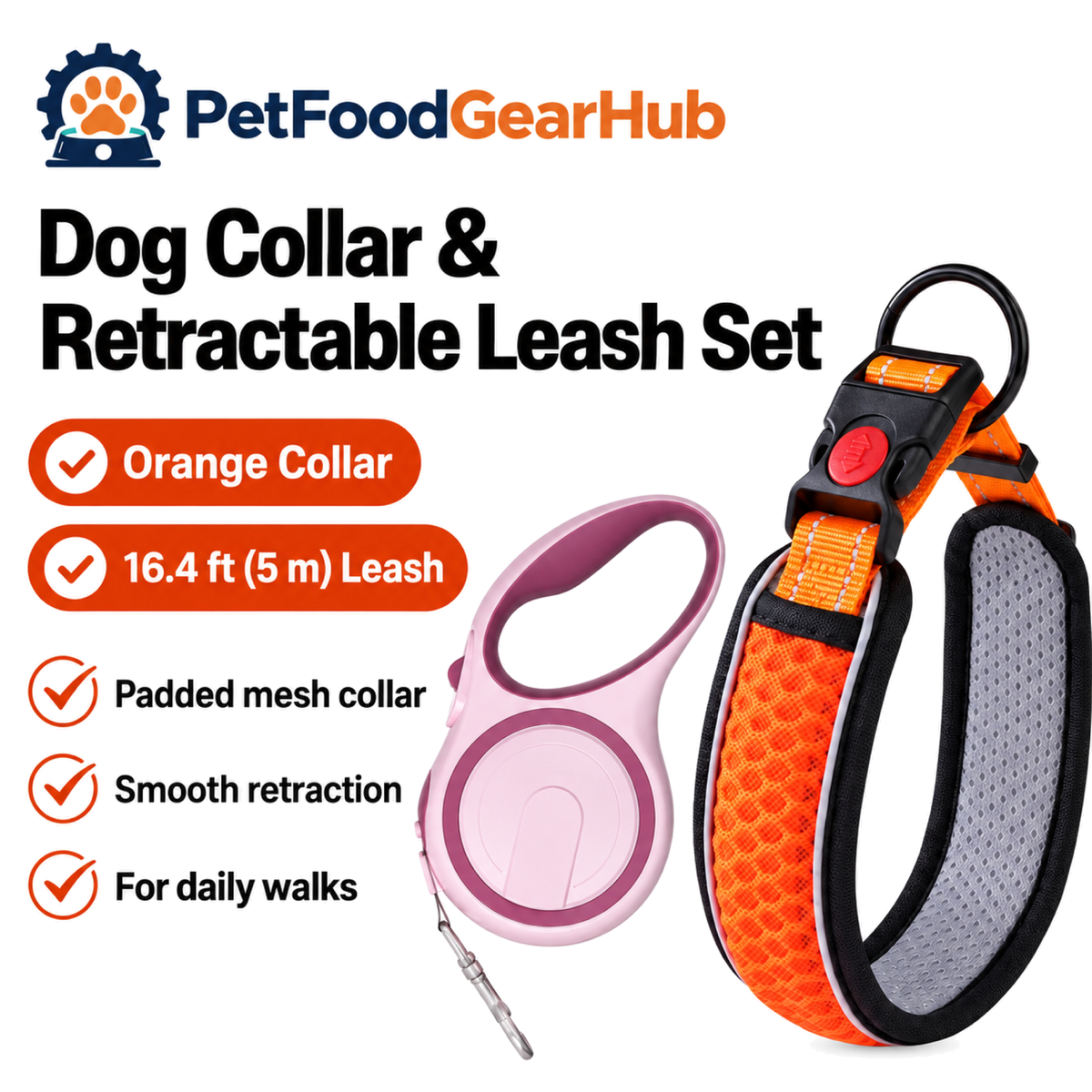 PetFoodGearHub orange padded dog collar with 16.4 ft retractable leash