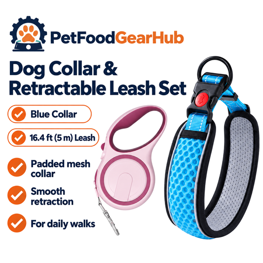 PetFoodGearHub blue padded dog collar with 16.4 ft retractable leash
