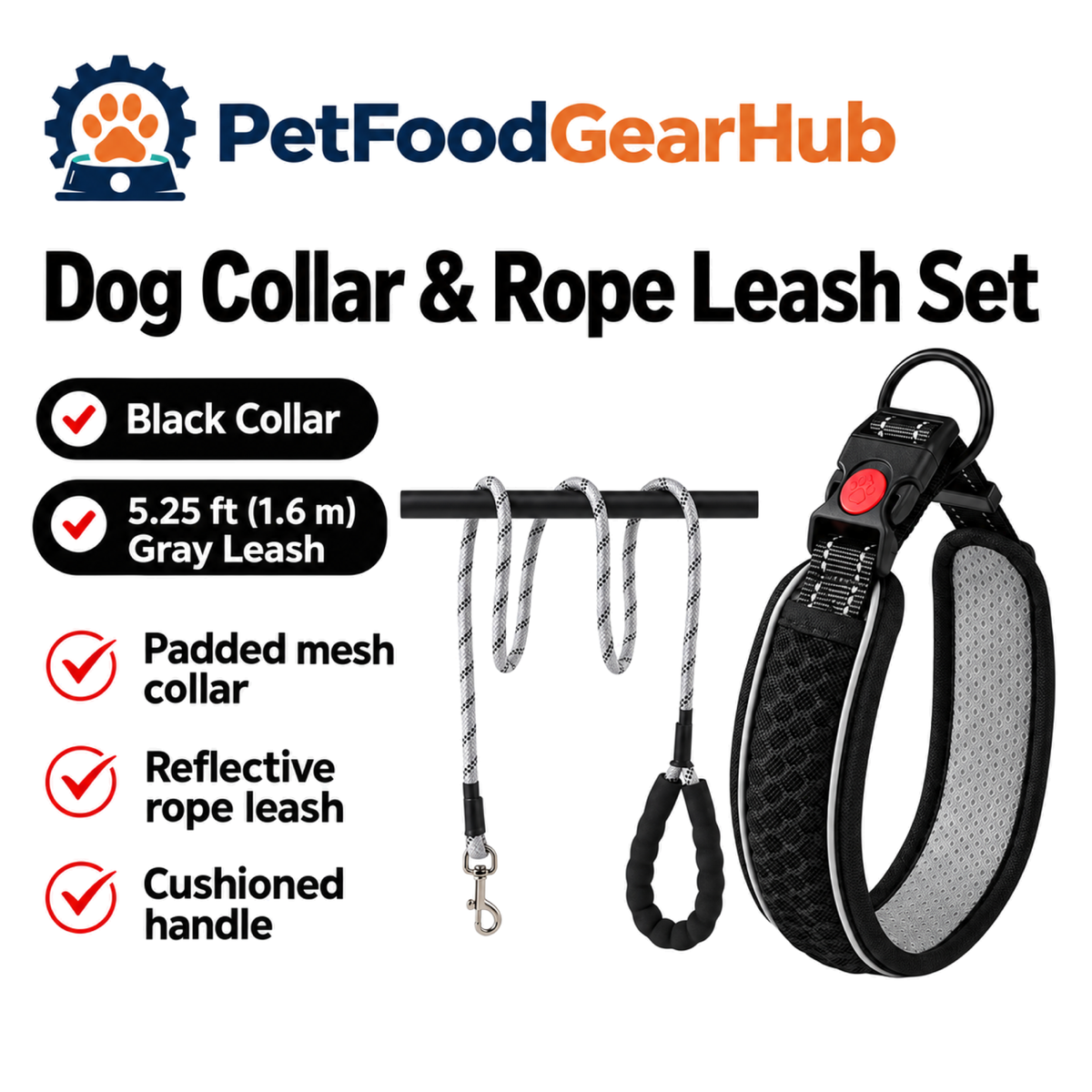 PetFoodGearHub black padded dog collar with 5.25 ft gray reflective rope leash