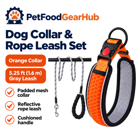 PetFoodGearHub orange padded dog collar with 5.25 ft gray reflective rope leash