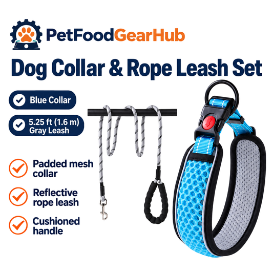 PetFoodGearHub blue padded dog collar with 5.25 ft gray reflective rope leash