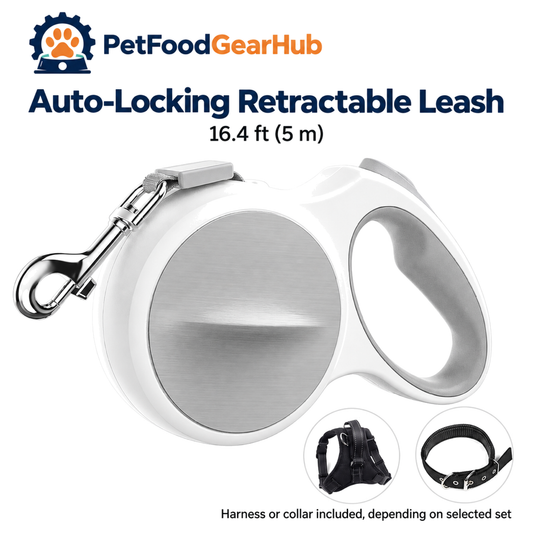 PetFoodGearHub white auto-locking retractable dog leash, 16.4 ft, with collar or harness set options