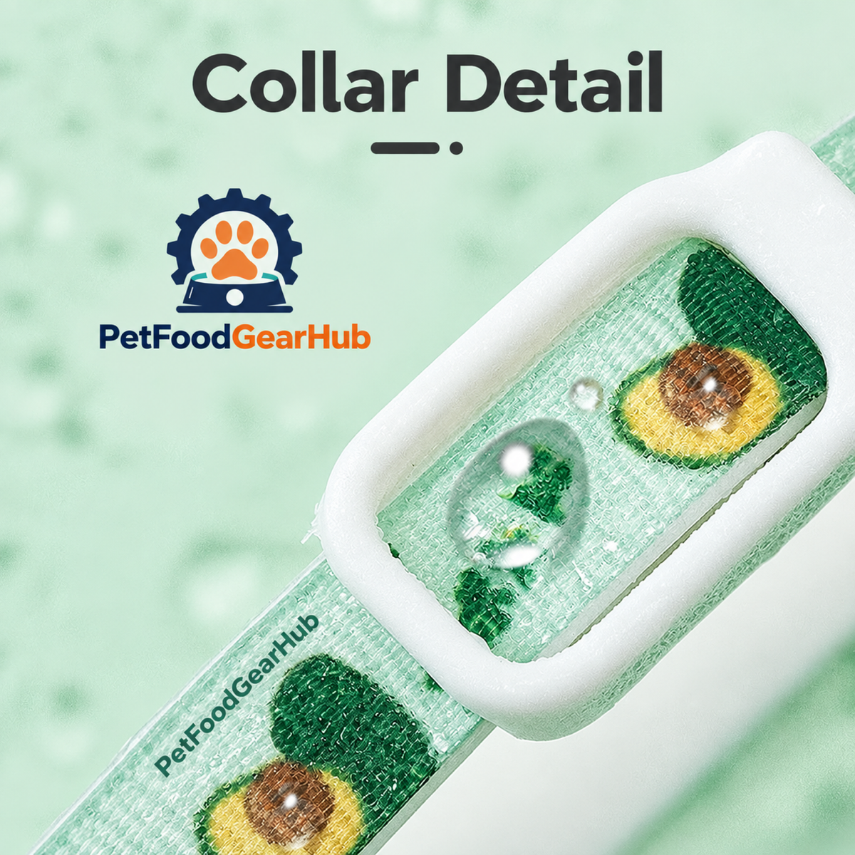 PetFoodGearHub avocado-pattern collar strap and white buckle detail