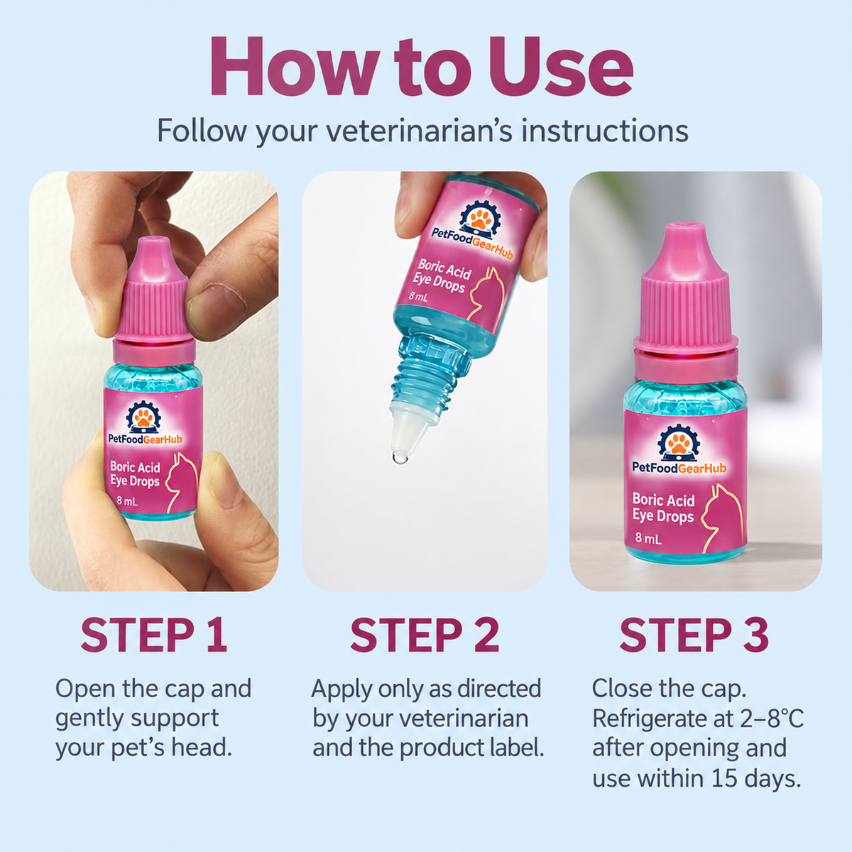 PetFoodGearHub 8 mL boric acid eye drops - use and storage guide