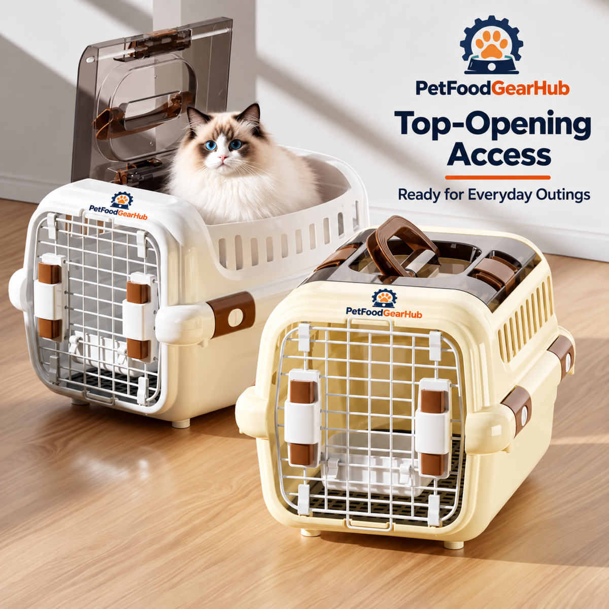 PetFoodGearHub Brown Top-View Pet Carrier with Bowl and Pad - product details