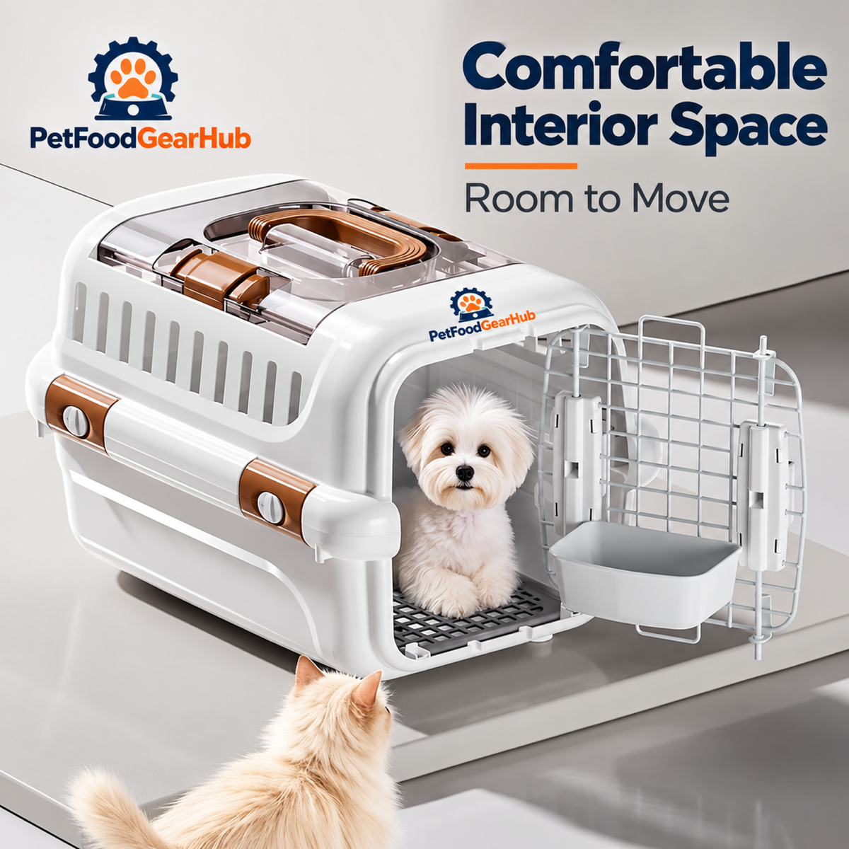 PetFoodGearHub Brown Top-View Pet Carrier with Bowl and Pad - product details