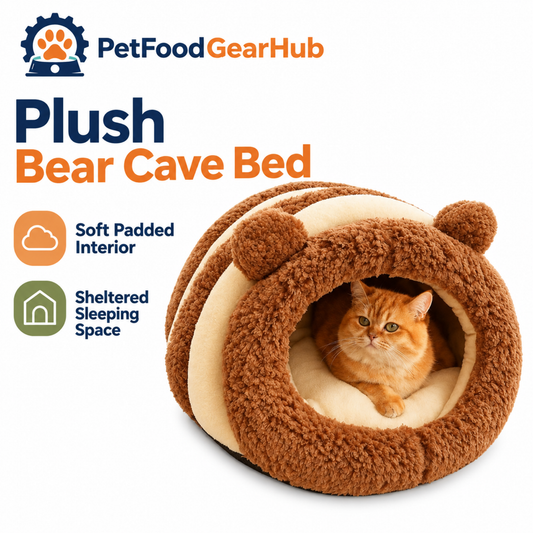 PetFoodGearHub Bear-shaped plush cave bed with sheltered entrance