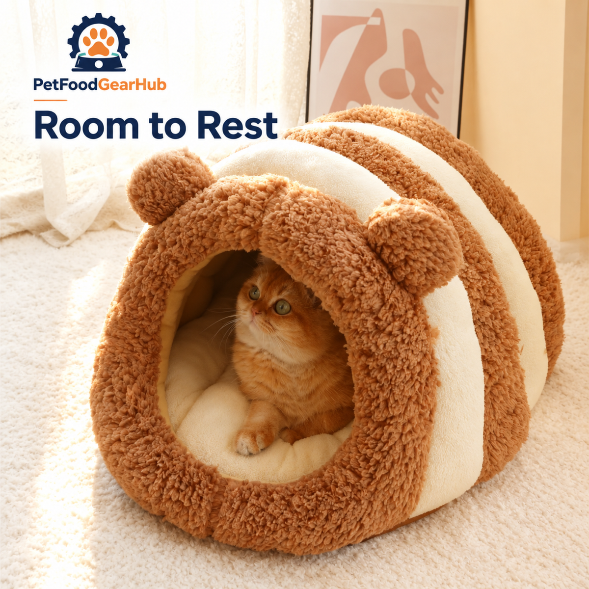 PetFoodGearHub Cat resting inside a bear-shaped pet cave