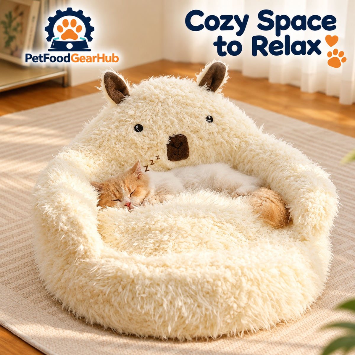 PetFoodGearHub Cat resting on a cream alpaca-shaped sofa bed