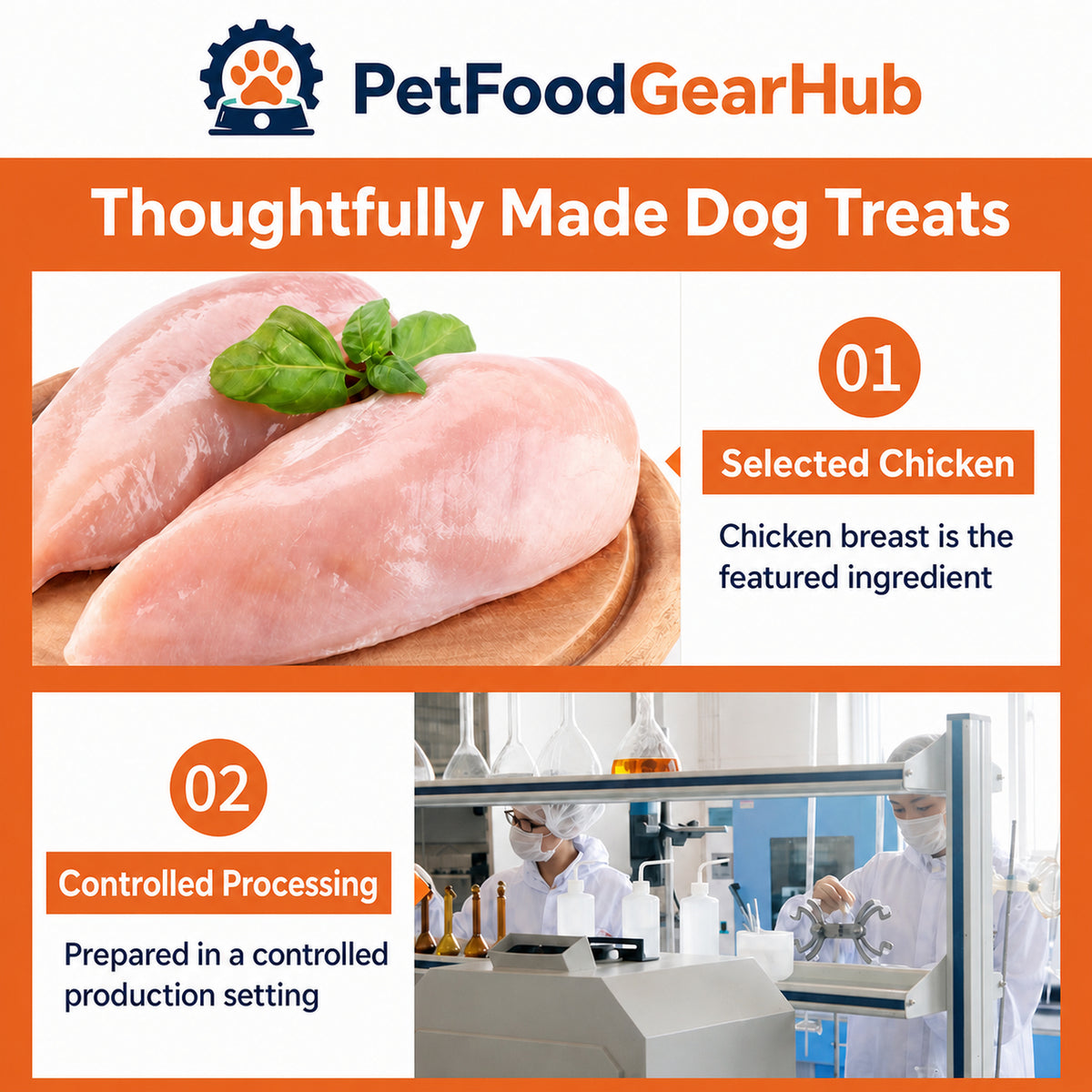 PetFoodGearHub selected chicken and controlled processing infographic