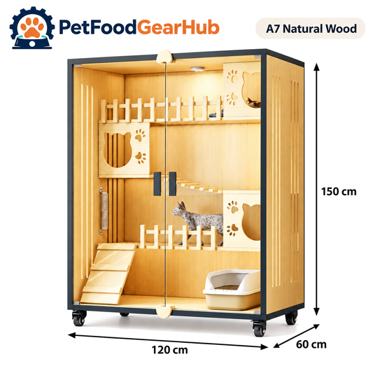 PetFoodGearHub Clear-Front Cat Enclosure A7,  Natural Wood - product view