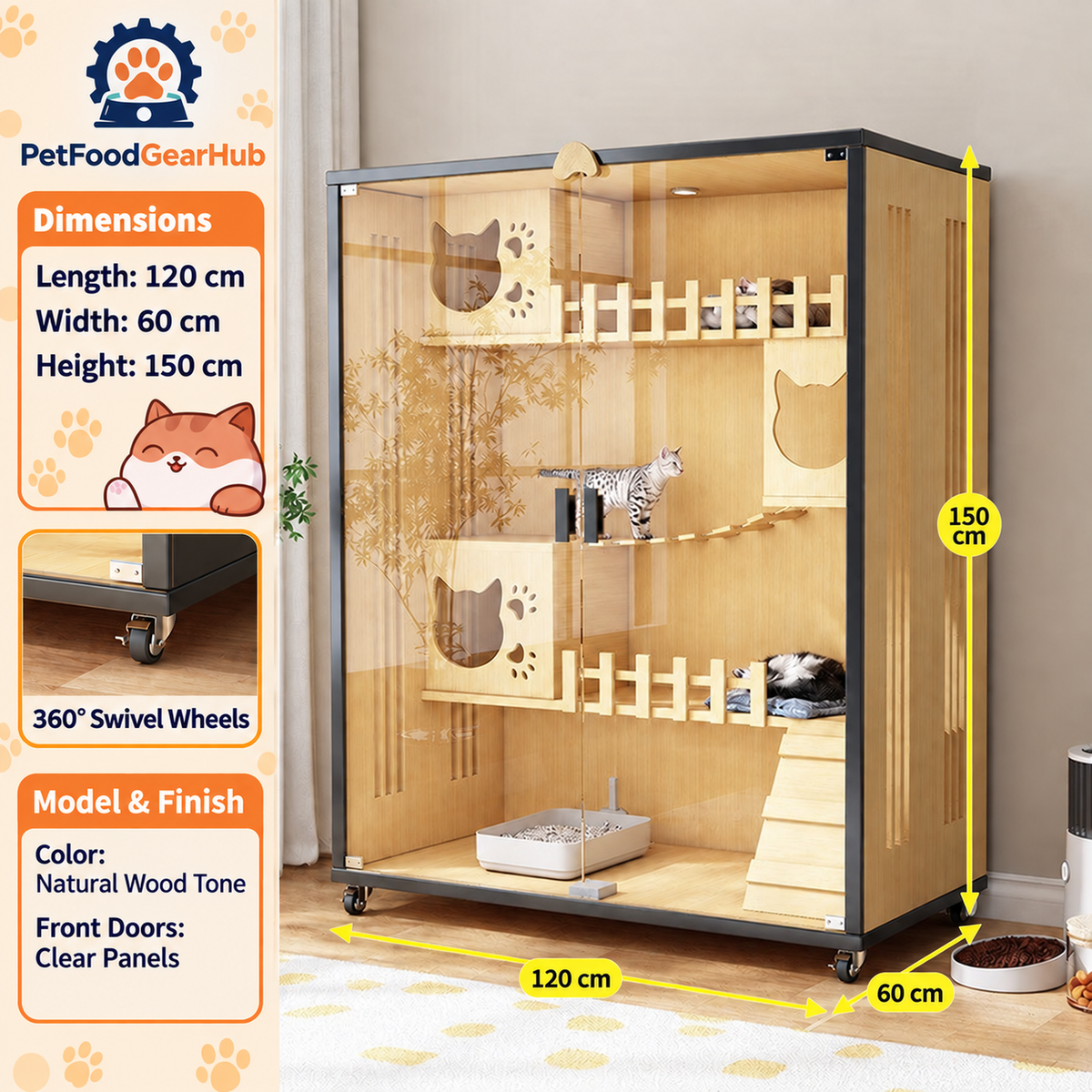 PetFoodGearHub Clear-Front Cat Enclosure A7,  Natural Wood - design and dimension details