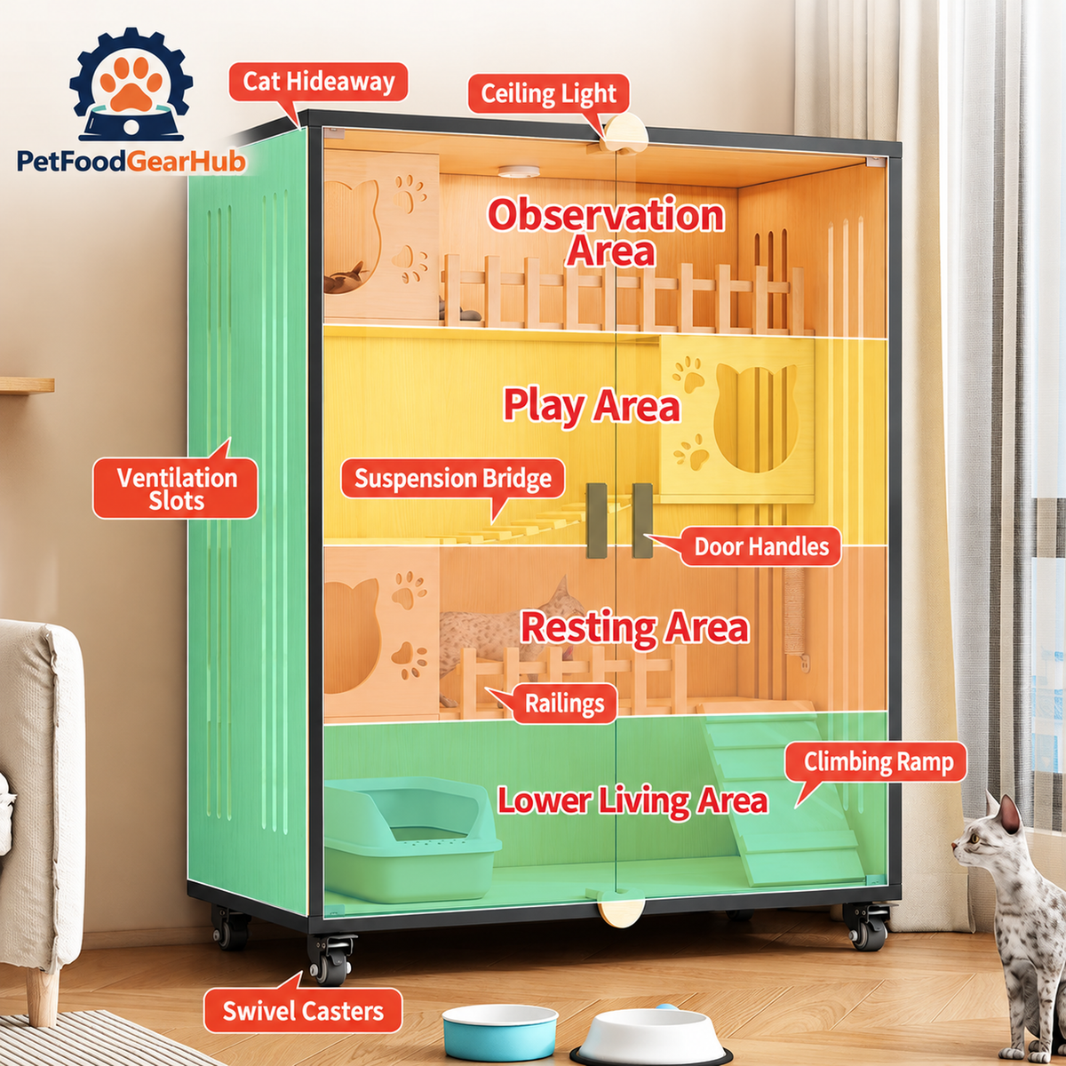 PetFoodGearHub Clear-front cat enclosure interior zones