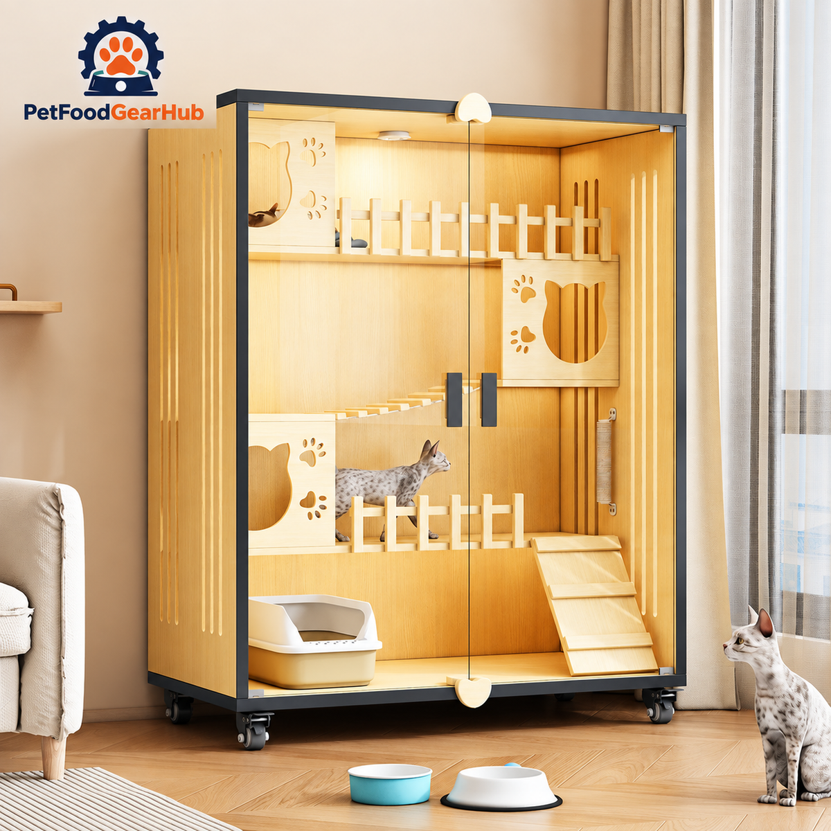 PetFoodGearHub Clear-Front Cat Enclosure A7,  Natural Wood - design and dimension details
