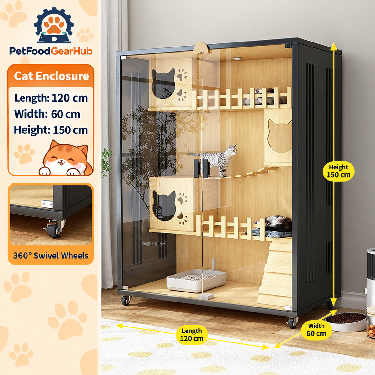PetFoodGearHub Clear-Front Cat Enclosure A7,  Black - design and dimension details