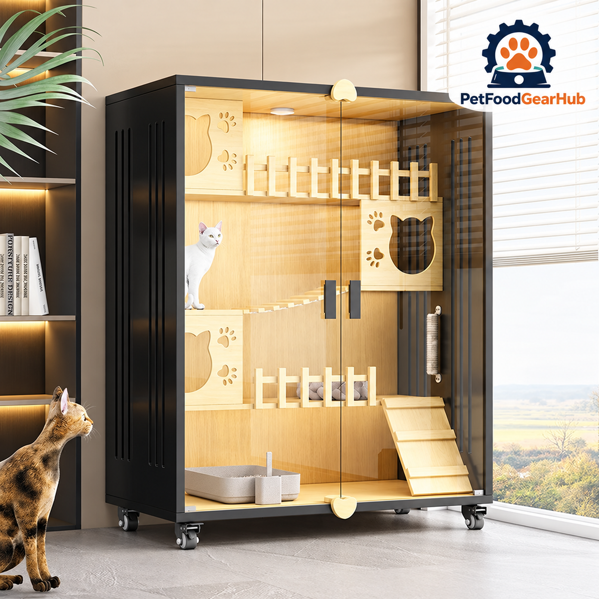 PetFoodGearHub Clear-Front Cat Enclosure A7,  Black - design and dimension details
