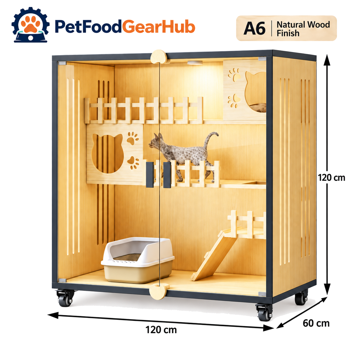 PetFoodGearHub Clear-Front Cat Enclosure A6,  Natural Wood - product view