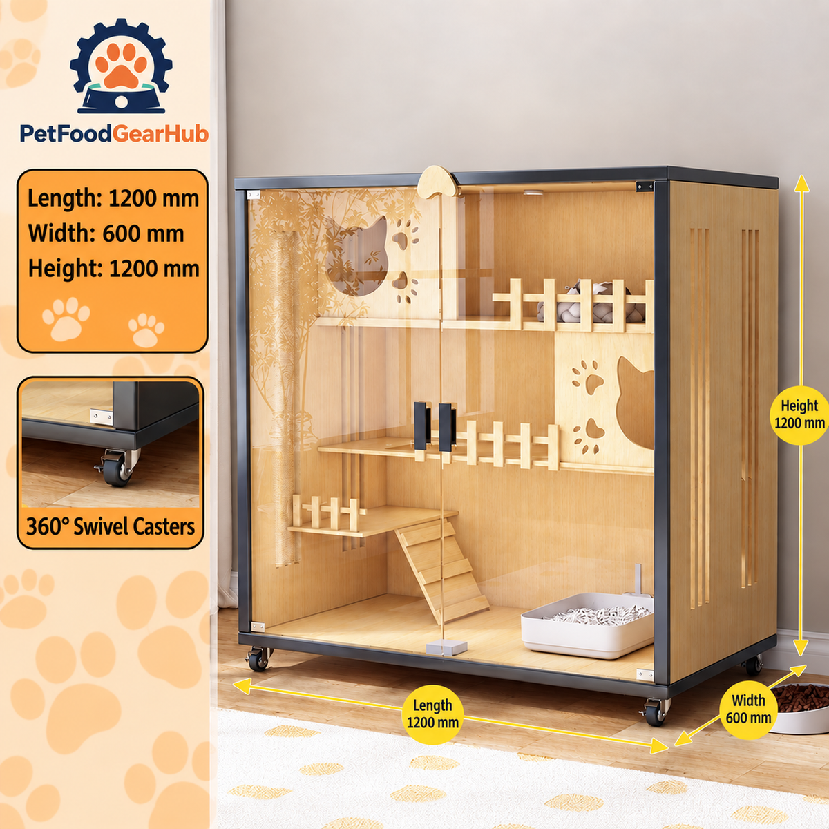 PetFoodGearHub Clear-Front Cat Enclosure A6,  Natural Wood - design and dimension details