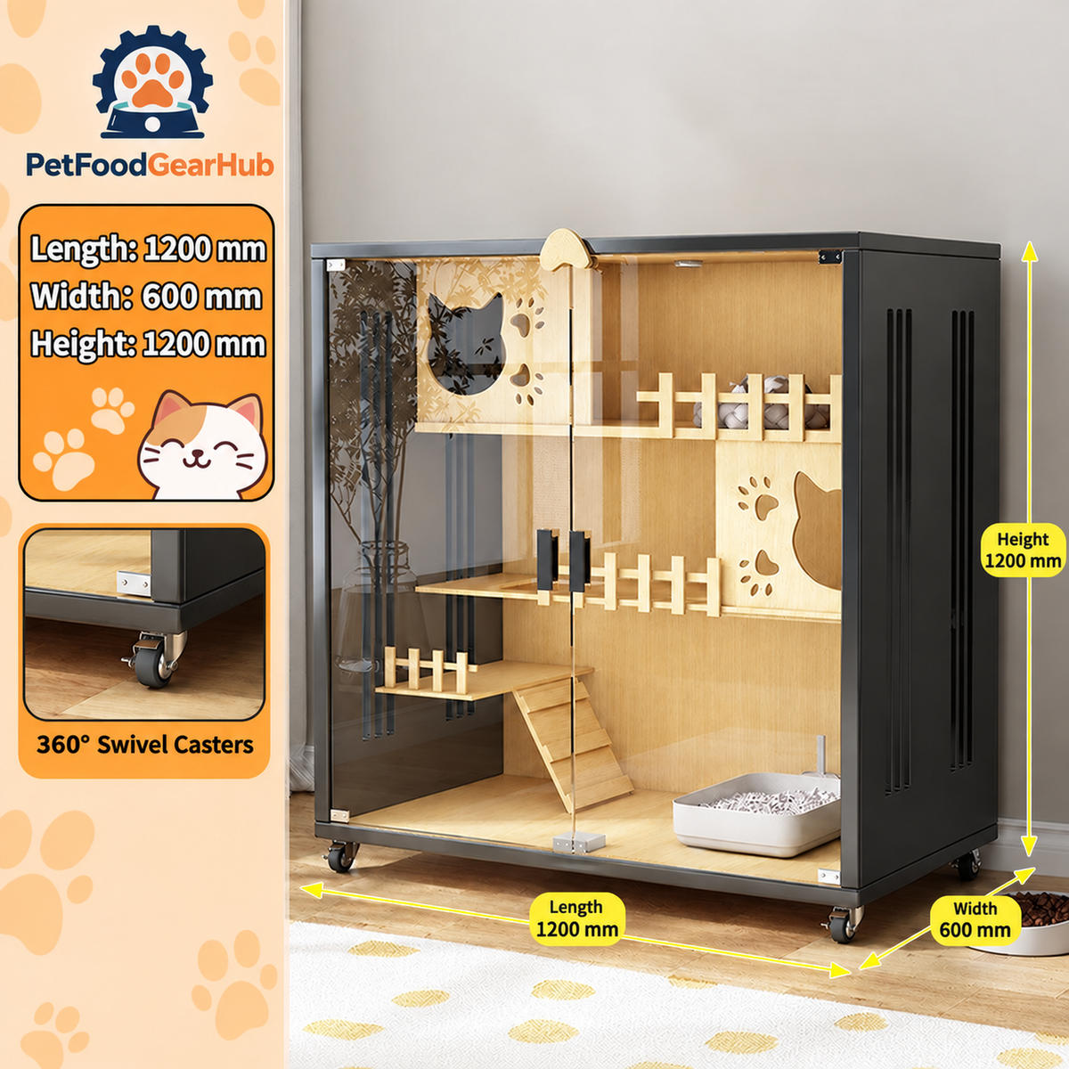 PetFoodGearHub Clear-Front Cat Enclosure A6,  Black - design and dimension details