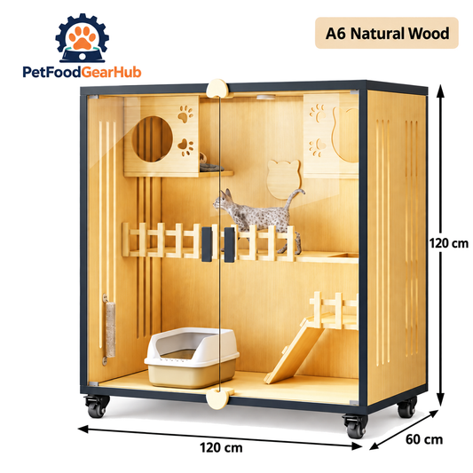 PetFoodGearHub Clear-Front Cat Enclosure A6,  Natural Wood - product view