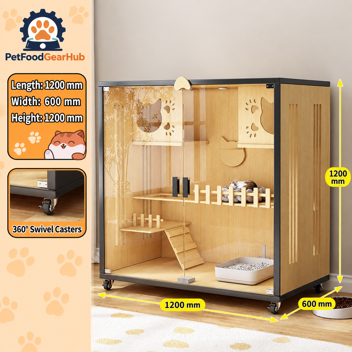 PetFoodGearHub Clear-Front Cat Enclosure A6,  Natural Wood - design and dimension details
