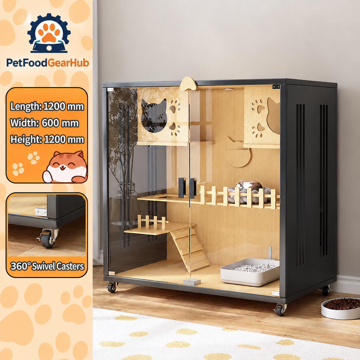 PetFoodGearHub Clear-Front Cat Enclosure A6,  Black - design and dimension details