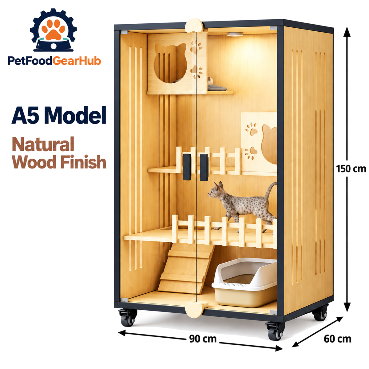 PetFoodGearHub Clear-Front Cat Enclosure A5,  Natural Wood - product view