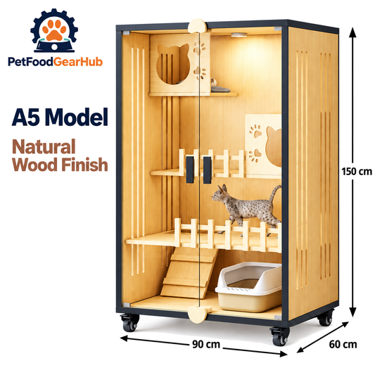 PetFoodGearHub Clear-Front Cat Enclosure A5,  Natural Wood - product view